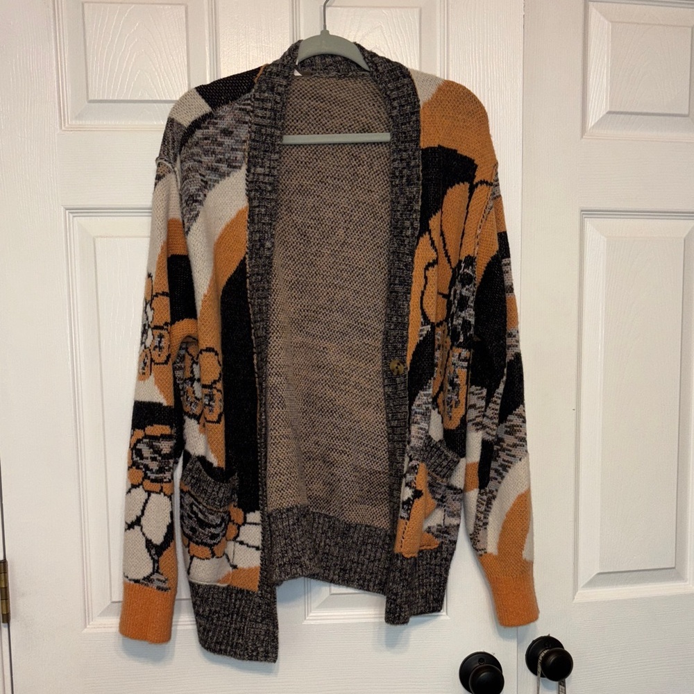 Free People Multicolor Open-Front Floral Cardigan Sweater Peach Black Small